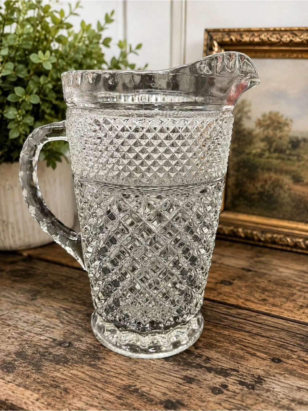 Vintage Clear Pressed Glass Diamond Point Water Pitcher Starburst Base 9”
